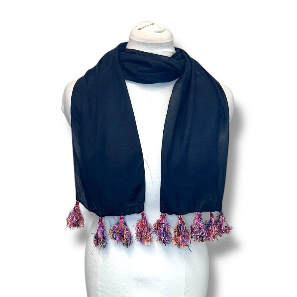 VTG 80s Accessory Street Long Narrow Black Rayon Scarf with Multicolor Tassels